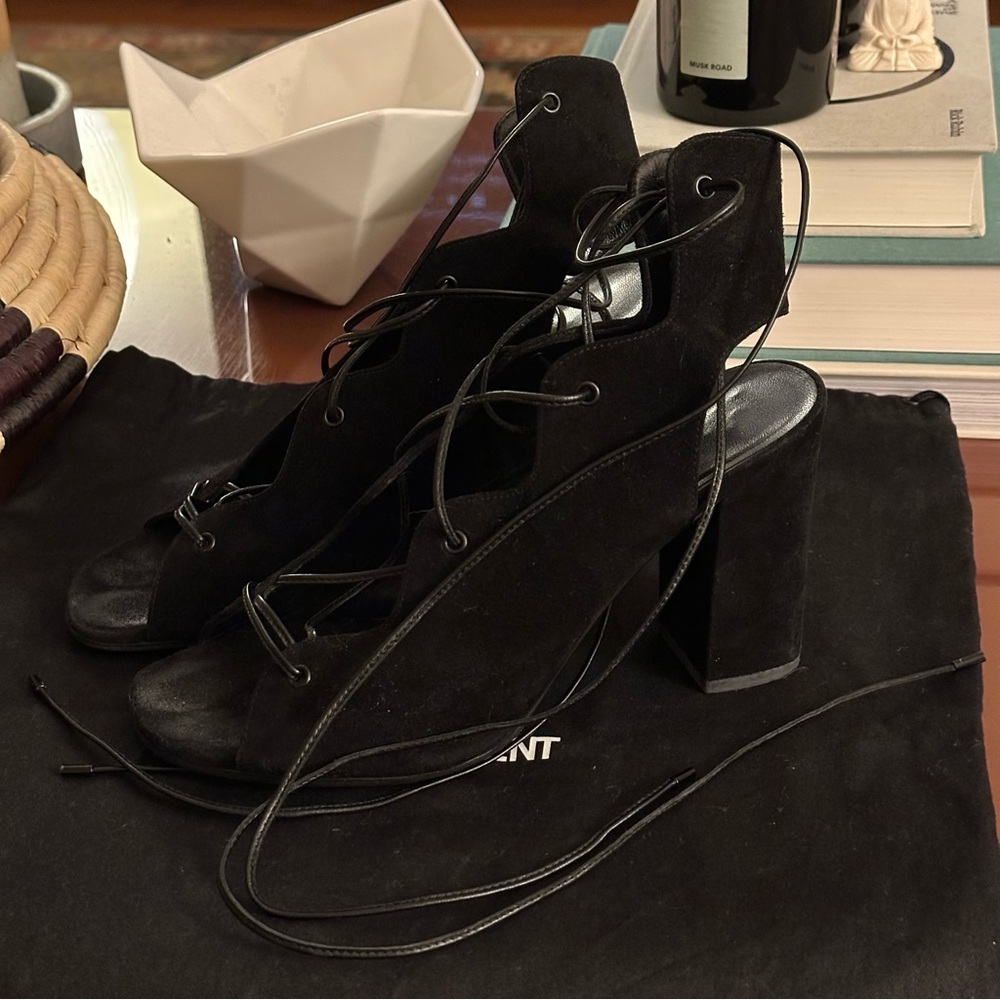 Saint Laurent Babies Black Lace-Up Suede Sandals 37.5